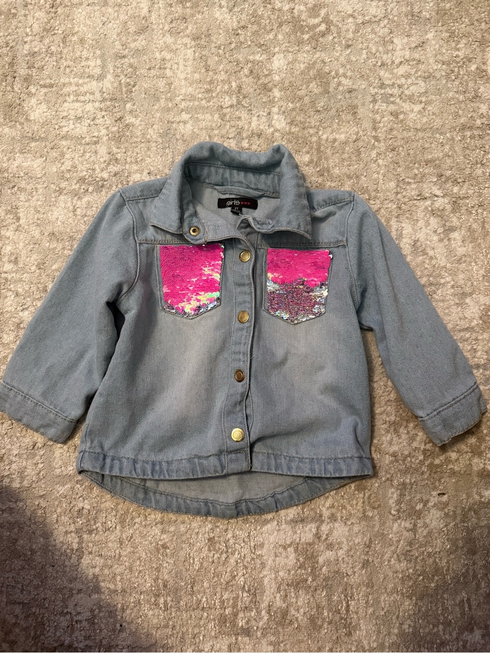 Girls' Light Denim Jacket with Pink Sequin Pockets size 2T